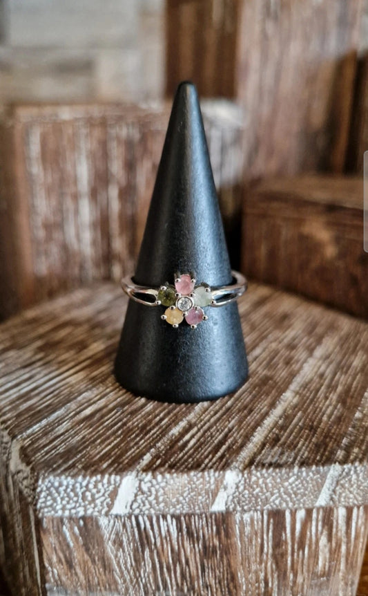 Mix Tourmaline Flower Adjustable Ring