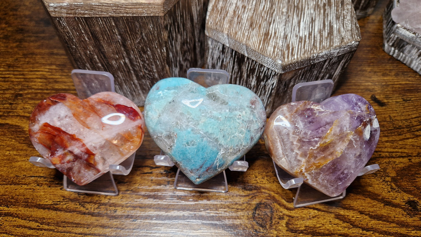 Chevron, Fire Quartz and Amazonite Hearts